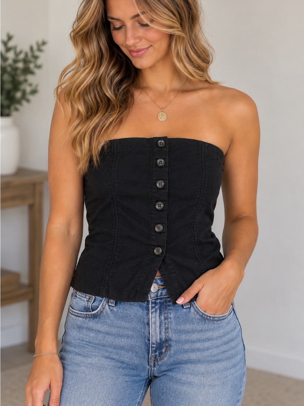 Abercrombie & Fitch Black Strapless Button-Front Corset Camisole